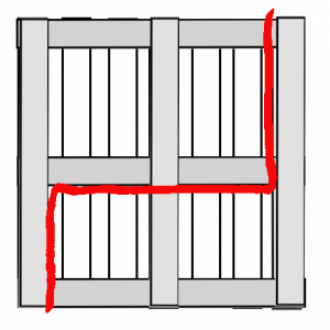 Schema: Dissection of a pallet into two of a total four parts of the pallet bed frame