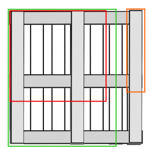  Pallet desk scheme. Green: side pieces. Red: corner piece. Orange: legs 