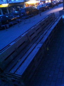 Do-it-Yourself bench made from pallets, long, front view