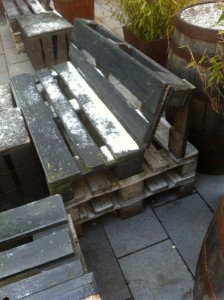 Pallet bench of a pub in Bochum, front view