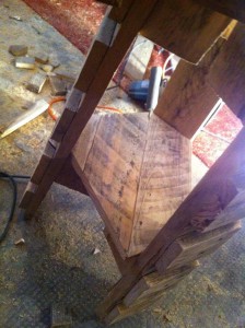 Flower stand, tripod, with shelf sawn to form