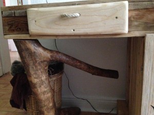 Bark-beetle-wood table leg, detail